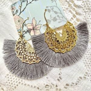 BOHO Fringe dusty grey colour w gold-summer tassel earrings Gypsy/hippy vibe